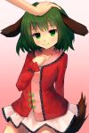  animal_ears dog_ears dog_tail frilled_sleeves frills gradient gradient_background green_eyes green_hair hand_on_another&#039;s_head highres kasodani_kyouko long_sleeves looking_at_viewer petting pink_background red_shirt shone skirt smile tail touhou white_skirt 