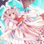  1girl book bow crescent dutch_angle hair_bow hair_ornament hair_ribbon hat long_hair mob_cap nogi_takayoshi outstretched_arms parted_lips patchouli_knowledge purple_hair red_eyes ribbon smile solo spread_arms tagme touhou very_long_hair 