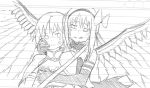  2girls :p akemi_homura akuma_homura anger_vein bare_shoulders black_gloves black_hair bow cape choker dress elbow_gloves eye_contact feathered_wings gloves groping hair_bow hand_on_another&#039;s_cheek hand_on_another&#039;s_face hug hug_from_behind lineart long_hair looking_at_another magical_girl mahou_shoujo_madoka_magica mahou_shoujo_madoka_magica_movie makochi_(busterbaster) miki_sayaka monochrome multiple_girls short_hair spoilers sword tongue tongue_out weapon wings you_gonna_get_raped yuri 