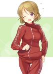  1girl brown_hair hyuuga_azuri love_live!_school_idol_project short_hair solo track_suit violet_eyes 