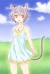  1girl akagashi_hagane animal_ears blue_dress dress grey_hair jewelry looking_at_viewer mouse_ears mouse_tail nazrin necklace open_mouth pendant short_dress short_hair solo tail touhou violet_eyes 