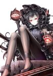  akashio_(loli_ace) black_dress black_legwear bonnet cannon dress fangs glowing gothic_lolita isolated_island_oni kantai_collection light_smile lolita_fashion looking_at_viewer pantyhose red_eyes shaded_face silver_hair sitting upskirt 