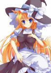  1girl animal_ears apron black_dress blonde_hair blue_eyes blush bow cosplay dress fox_ears fox_tail frills hat kirisame_marisa kirisame_marisa_(cosplay) long_hair original smile solo tail takataka touhou white_background witch_hat 