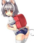  1girl 5240mosu absurdres adjusting_buruma adjusting_clothes alternate_costume animal_ears ass backpack bag blush buruma grey_hair gym_uniform highres looking_at_viewer mouse_ears mouse_tail nazrin open_mouth randoseru red_eyes short_hair simple_background solo sweatdrop tail thigh-highs touhou translated white_background white_legwear 