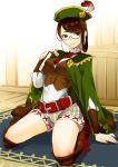  1girl belt book boots breasts brown_eyes brown_hair feathers glasses guildmarm_(monster_hunter) hat knee_boots looking_at_viewer monster_hunter monster_hunter_4 musyasabu ribbon shorts smile solo vest 