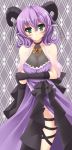  1girl animal_ears black_gloves breasts cleavage elbow_gloves gloves green_eyes hair_ornament head_tilt highres horns looking_at_viewer original panties pantyshot pantyshot_(standing) patterned_background purple_hair short_hair smile solo standing tagme taletale underwear 