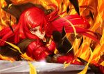  1girl armor artist_request fire flame hair_ornament hairclip long_hair looking_at_viewer original pixiv_fantasia pixiv_fantasia_fallen_kings red_eyes redhead shield slit_pupils sword weapon 