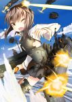  1girl airplane anchor battle bike_shorts brown_hair explosion highres kantai_collection machinery one_eye_closed open_mouth radar short_hair skirt smoke solo sylphine taihou_(kantai_collection) torn_clothes water yellow_eyes 