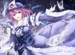  1girl arm_garter bow breasts butterfly ghost hat japanese_clothes kimono kz_nagomiya open_mouth outstretched_arm purple_hair ribbon-trimmed_sleeves ribbon_trim saigyouji_yuyuko solo touhou triangular_headpiece violet_eyes wide_sleeves 