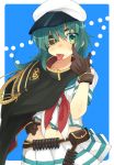  1girl :p aiguillette akanbe ammunition_belt anchor cape eyepatch gloves green_eyes green_hair hand_on_hip hat kantai_collection kiso_(kantai_collection) long_hair looking_at_viewer midriff nakagomiyuki415 neckerchief pleated_skirt sailor_hat skirt solo tongue tongue_out 