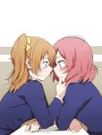  2girls blazer blue_eyes blush eye_contact hand_on_another&#039;s_chin highres kousaka_honoka looking_at_another love_live!_school_idol_project multiple_girls nishikino_maki orange_hair purple_eyes red_hair school_uniform short_hair side_ponytail smile yui_7 yuri 