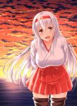  1girl blouse boots brown_eyes clouds hairband japanese_clothes kantai_collection long_hair ocean open_mouth primamiya shoukaku_(kantai_collection) silver_hair skirt smile solo sun sunset thigh-highs thigh_boots white_hair 