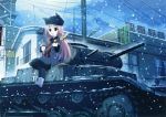  1girl absurdres animal_ears cat_ears guitar hat highres instrument long_hair military military_vehicle motoyon pantyhose panzerkampfwagen_ii snow solo tank vehicle 