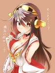  1girl breasts brown_eyes brown_hair choker cleavage detached_sleeves hair_ornament hairband hairclip haruna_(kantai_collection) heart kantai_collection long_hair nontraditional_miko sarashi simple_background solo tagme translation_request tsukui_kachou undressing 