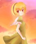  1girl :d blonde_hair clouds dress green_dress hairband highres higurashi_no_naku_koro_ni houjou_satoko looking_back open_mouth red_eyes school_uniform short_hair short_sleeves sky smile solo twilight utako_(kuromosuki) 