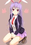  1girl :c animal_ears ashu covering covering_crotch long_hair long_sleeves looking_at_viewer necktie open_clothes open_jacket pink_eyes pleated_skirt purple_hair rabbit_ears reisen_udongein_inaba shirt skirt solo squatting touhou very_long_hair 
