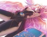  1girl angel_wings archangel_metatron_(p&amp;d) armpits banajune blue_eyes book breasts large_breasts long_hair looking_at_viewer lying pink_hair puzzle_&amp;_dragons quill revision solo wings 
