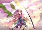  1girl animal_hood blurry brown_eyes brown_hair clenched_hand flag highres holding hood light long_hair open_mouth original risutaru solo tagme twilight wind 