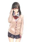 1girl absurdres black_hair bow brown_eyes cardigan earphones earphones glasses highres original school_uniform skirt yuki_(sonma_1426) 