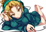  blonde_hair breasts closed_mouth headphones kiyoichi looking_at_viewer no_shoes open_eyes orange_eyes original pullover short_hair 