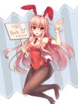  1girl animal_ears armband breasts bunny_tail bunnysuit cleavage detached_collar highres long_hair luzi necktie original pantyhose pink_hair placard rabbit_ears red_eyes sign tail very_long_hair wrist_cuffs 