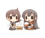  2girls akagi_(kantai_collection) black_eyes blush brown_hair chibi drooling kaga_(kantai_collection) kantai_collection kneeling long_hair multiple_girls open_mouth rebecca_(keinelove) rice rice_bowl short_hair side_ponytail solid_oval_eyes steam 