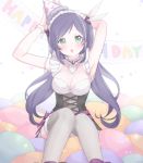  1girl armband artist_name blush breasts cleavage cleavage_cutout green_eyes happy_birthday hat long_hair love_live!_school_idol_project maid maid_headdress marin_(myuy_3) open_mouth party_hat purple_hair solo thigh-highs toujou_nozomi twintails winged_hair_ornament 