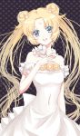  1girl bare_shoulders bishoujo_senshi_sailor_moon blonde_hair blue_eyes colored_eyelashes crescent double_bun dress facial_mark forehead_mark highres long_hair polka_dot polka_dot_background princess_serenity purple_background smile solo strapless_dress tsukino_usagi twintails vioro white_dress 