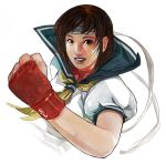  1girl brown_eyes brown_hair capcom daniel_oduber gloves headband kasugano_sakura school_uniform serafuku short_hair smile solo street_fighter street_fighter_iv street_fighter_zero white_background 