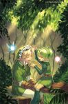  1boy 1girl belt blonde_hair fairy flower gloves green_hair hat juby link nature navi nintendo ocarina_of_time pointy_ears saria smile the_legend_of_zelda watermark web_address 