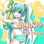  1girl aqua_hair bikini blue_eyes blush grin hatsune_miku headphones long_hair parody small_breasts smile solo splatoon striped striped_bikini striped_swimsuit super_soaker swimsuit tattoo twintails very_long_hair vocaloid wristband yagi_gojou 