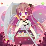  1girl :d bow brown_hair candy carrying fairy fairy_wings hair_ornament hairclip heart_hair_ornament long_hair open_mouth original pointy_ears scythe shiwasu_horio side_ponytail smile solo star tagme violet_eyes wings 