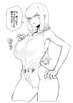  1girl breasts commentary_request hand_on_hip highres large_breasts lineart long_hair monochrome one-piece_swimsuit original ponytail slender_waist solo space_jin swimsuit translation_request tsurime zoe_(space_jin) 