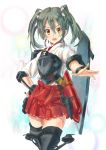  &gt;:o 1girl :o brown_eyes grey_hair hand_on_hip japanese_clothes kantai_collection kotarou_(rakugaki_shirushi) looking_at_viewer muneate open_mouth outstretched_hand pleated_skirt red_skirt skirt solo thigh-highs twintails zettai_ryouiki zuikaku_(kantai_collection) 