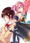  1boy 2girls black_hair brown_hair cape character_request choker clenched_hand closed_eyes copyright_request hair_ornament hand_on_own_chest multiple_girls petals pink_hair school_uniform short_hair standing sword tagme taletale tiara violet_eyes weapon 