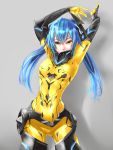  1girl arms_up blue_hair bodysuit breasts covered_navel gloves phantasy_star phantasy_star_online_2 quna_(pso2) ribs skin_tight solo sukizo twintails yellow_eyes 