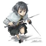  1girl alternate_weapon belt black_skirt capelet dual_wielding full_body grey_hair highres itani_senka nazrin no_ears rapier running short_hair skirt solo sword touhou weapon white_background 