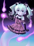  1girl aqua_hair arm_garter black_gloves blue_eyes bow elbow_gloves frills ghost ghost_tail gloves gothic_lolita hair_bow hitodama lolita_fashion long_hair glasses_man open_mouth original skull solo triangle_mouth twintails 
