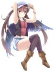  1girl alternate_costume armpits arms_up belt bird_wings black_legwear black_wings boots bracelet breasts brown_hair casual cellphone chemise hat highres himekaidou_hatate jewelry long_hair looking_at_viewer necklace open_vest over-kneehighs phone pink_eyes short_shorts shorts simple_background solo touhou twintails very_long_hair wendell white_background wings 