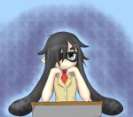  1girl black_hair blazer chin_rest crabbin green_eyes hair_over_one_eye inkling kuroki_tomoko long_hair mask necktie parody school_desk sitting sleeveless solo splatoon watashi_ga_motenai_no_wa_dou_kangaetemo_omaera_ga_warui! 