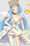  1girl blue_eyes blue_hair crescent_earrings crescent_moon crown earrings grey_background highres jewelry long_hair midriff moon one_eye_closed original pikaro simple_background single_thighhigh smile solo star star_earrings thigh-highs very_long_hair wings 