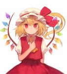  1girl blonde_hair blush crystal flandre_scarlet hand_on_own_chest hat hat_ribbon looking_at_viewer misoni_comi mob_cap puffy_sleeves red_eyes ribbon shirt short_hair short_sleeves side_ponytail simple_background skirt skirt_set solo touhou upper_body vest white_background wings 