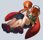  2girls backpack bag bike_shorts blush breasts girl_on_top glasses headphones inkling long_hair mask multiple_girls orange_eyes orange_hair pointy_ears shoes small_breasts smile sneakers splatoon star star-shaped_pupils symbol-shaped_pupils t-shirt tentacle_hair triuni twintails yuri 