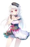  1girl absurdres dress finger_to_mouth hat highres long_hair looking_at_viewer original red_eyes silver_hair solo zi_se 