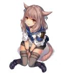  1girl animal_ears brown_hair character_request final_fantasy final_fantasy_xiv long_hair looking_at_viewer momoko_(momopoco) orange_eyes simple_background solo tail thigh-highs white_background 
