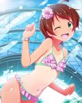  1girl ahoge bikini blush brown_hair frilled_bikini frills green_eyes hair_ornament idolmaster idolmaster_million_live! kinoshita_hinata natsumi_akira one_eye_closed open_mouth short_hair solo swimsuit tan tanline 