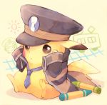  black_coat clothed_pokemon cosplay crayon hat kabocha_torute kudari_(pokemon) necktie nobori_(pokemon) nobori_(pokemon)_(cosplay) peaked_cap pikachu pokemon pokemon_(creature) pokemon_(game) pokemon_bw solo 