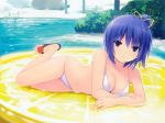  1girl absurdres bare_legs bare_shoulders bikini breasts cleavage coffee-kizoku hair_ribbon highres looking_at_viewer lying navel on_side one_side_up partially_submerged pool purple_hair ribbon sandals scan solo string_bikini swimsuit violet_eyes water white_bikini white_swimsuit 