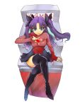  1girl blue_eyes boots card fate/extra fate_(series) long_hair mgk968 purple_hair sitting solo thigh-highs thigh_boots tohsaka_rin toosaka_rin two_side_up 