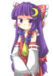  1girl :o ascot blush bow cosplay detached_sleeves gaoo_(frpjx283) hair_bow hair_tubes hakurei_reimu hakurei_reimu_(cosplay) highres large_bow long_hair long_sleeves open_mouth patchouli_knowledge purple_hair skirt skirt_set solo touhou vest violet_eyes wide_sleeves 